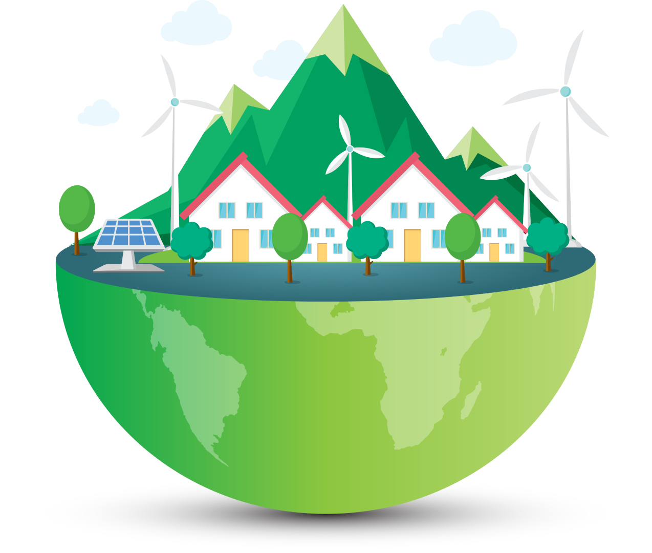 earth with houses on being powered by renewable energy sources
